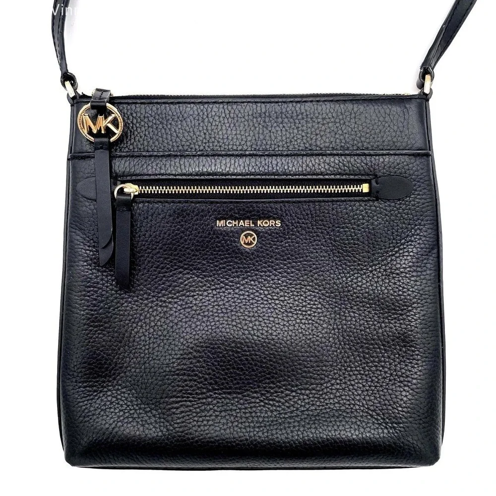 Michael Kors Black Pebbled Leather Jet Set Crossbody Bag Gold Hardware COA